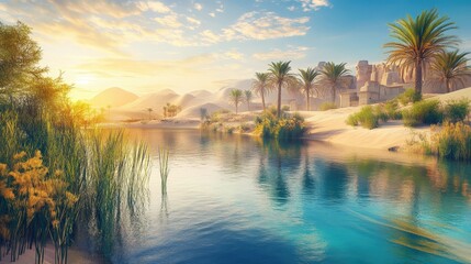 Obraz premium desert oasis with clear blue water, lush greenery, and a golden sun reflecting off the sand dunes