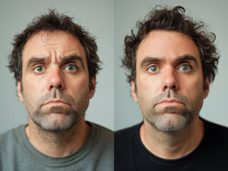 before and after of 40s man face with wrinkles, cosmetic procedure and treatment looking younger	