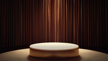 Elegantly lit golden podium with a white base and dark curtains.