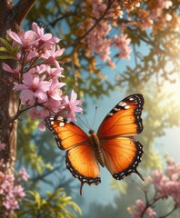 Beautiful copper-colored butterfly hovering around a blooming tree, wildlife, entomology, flower