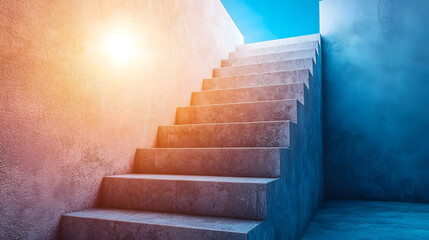 A minimalist staircase leading upwards with each step labeled as a milestone on the path to a bright and successful future  The stairs ascend towards a vibrant sun filled sky symbolizing growth