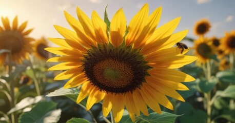 Bee collecting nectar from a colorful sunflower, anthophila, bright
