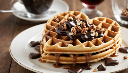 Heart-shaped Waffle with chocolate sauce, syrup, nuts and fruits, close-up photo