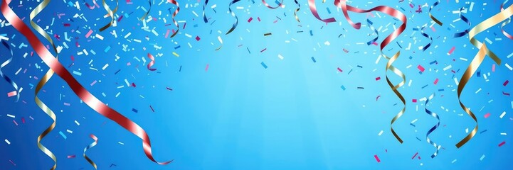 Blue celebration background with confetti and ribbons on ray light, festive blue design, party backdrop, event decoration, festive, confetti