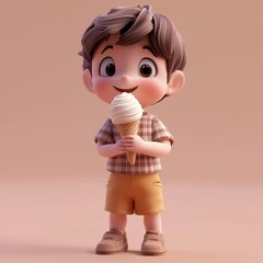 Adorable 3D Render of a Happy Boy Enjoying a Delicious Ice Cream Cone on a Sunny Day