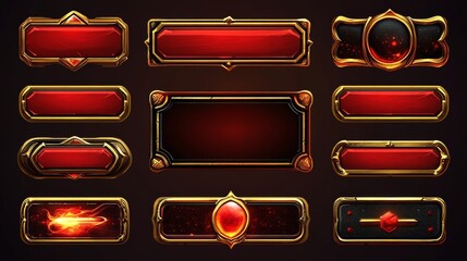 Cartoon set of medieval game buttons animation set. Vector illustration of red bars with golden frames. Play, start, shop, resume, restart, login, settings, cancel, option, continue sprite sheet