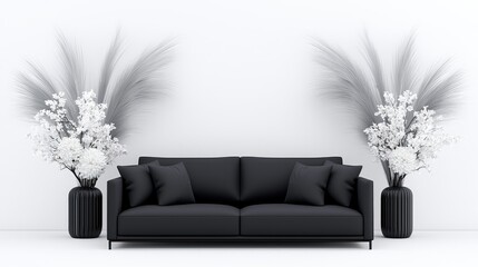 Modern minimalist living room, black sofa, white flowers, interior design, home decor