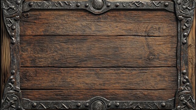 Fantasy vintage medieval wood facecam overlay vector border. Isolated video game metal viking frame for wooden banner. Twitch stream plate illustration set. Blank menu board interface template.