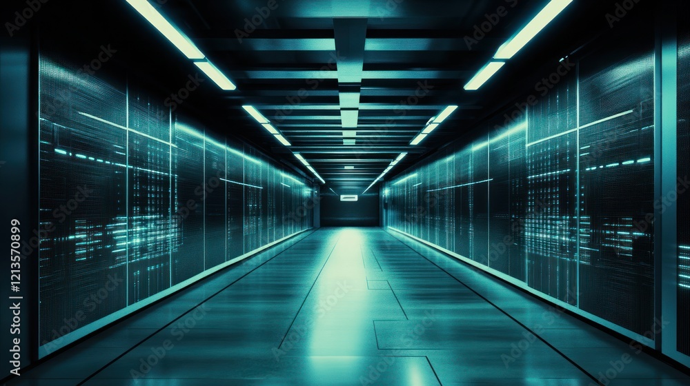 Poster futuristic data center corridor; server racks glow; background, digital code; tech illustration