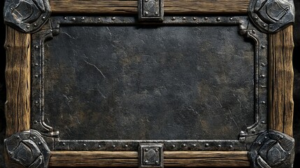 Fantasy vintage medieval wood facecam overlay vector border. Isolated video game metal viking frame for wooden banner. Twitch stream plate illustration set. Blank menu board interface template.