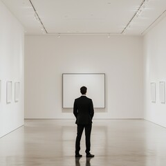Fototapeta premium Minimalist gallery with a man in black and an off-center frame.