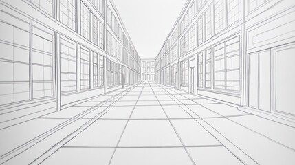Fototapeta premium Architectural Sketch: Perspective View of a City Block's Linear Street Design, Emphasizing Building Facades, Windows, and Pavement
