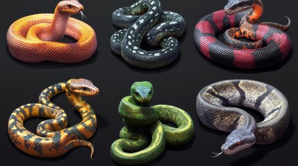 Fototapeta premium Cartoon snake species Cobra Ophiophagus hannah, California mountain kingsnake Lampropeltis zonata, Trimeresurus salazar, green tree or ball python, Komodo tree viper Trimeresurus insularis vector set