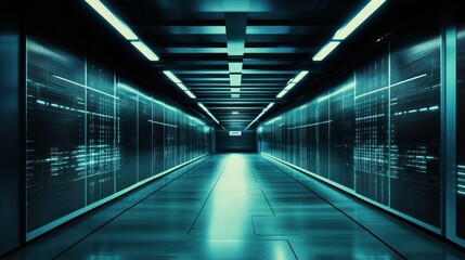 Futuristic data center corridor; server racks glow; background, digital code; tech illustration