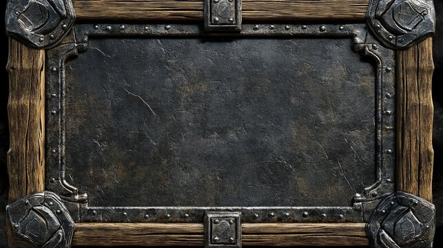 Fantasy vintage medieval wood facecam overlay vector border. Isolated video game metal viking frame for wooden banner. Twitch stream plate illustration set. Blank menu board interface template.