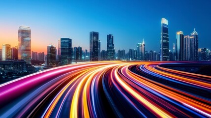 Obraz premium Vibrant Cityscape with Light Trails in Urban Landscape at Dusk