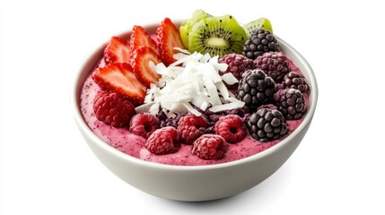 A vibrant bowl of mixed berry smoothie topped with coconut flakes, Each berry&rsquo;s vibrant color and sweet flavor captured with precision