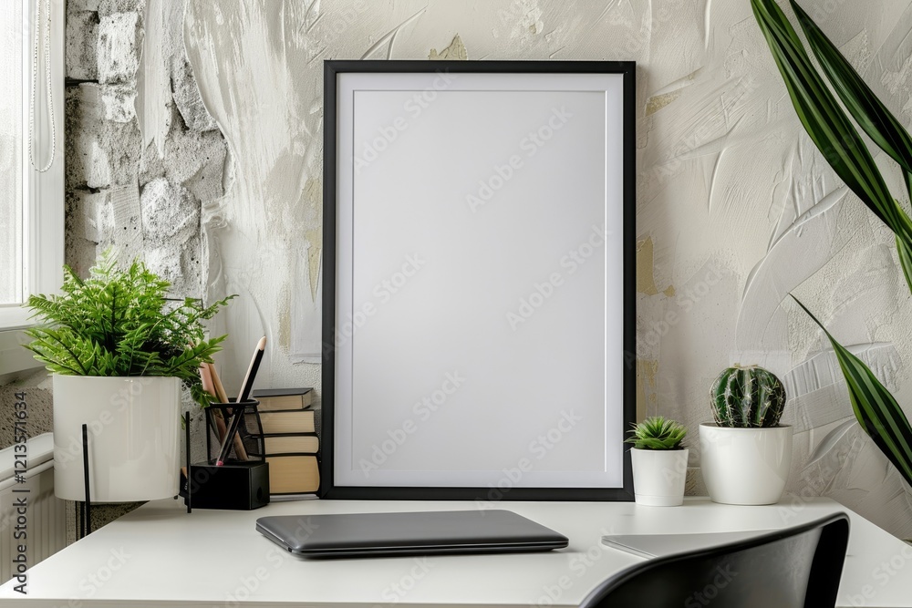 Poster flawless picture of comfortable workspace with mockup poster frame and copy space