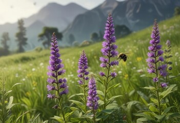 Bumblebee flying towards a purple-flowering glaucous plant in a lush green meadow , insect photography, bees in flight