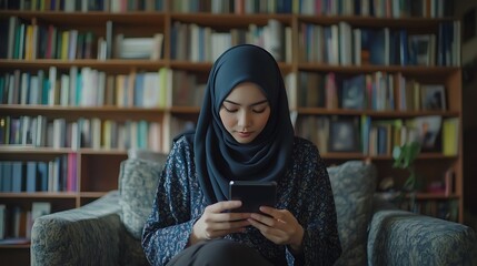 Woman in Hijab Using Smartphone in Library