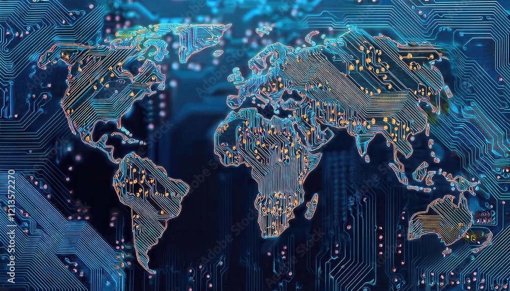 Poster digital world map with circuit board patterns