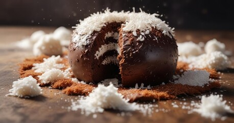 Chocolate ball with granulated sugar and coconut flakes, sweet, treats
