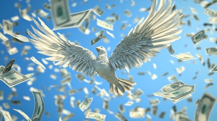 Obraz premium Flying stack of money with white wings, 3D vector illustration png on transparent background. Concept of financial loss, spending, banking loan payment, inflation and growing prices, easy income