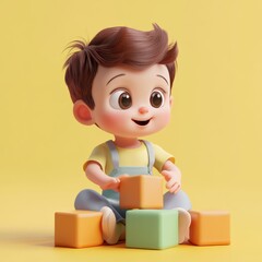 Adorable 3D Render of a Toddler Boy Joyfully Playing with Colorful Building Blocks on Yellow Background