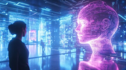 Woman viewing holographic AI head in futuristic city