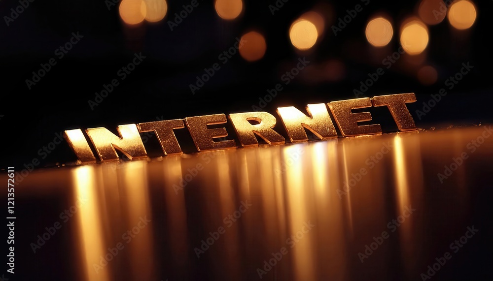 Poster illuminated word 'internet' on reflective surface with bokeh background