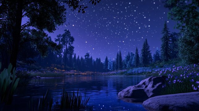 Full moon in night sky with stars and clouds above trees and pond reflecting starlight background. Dark heaven with moonlight romantic fantasy midnight twilight landscape Cartoon vector panoramic view