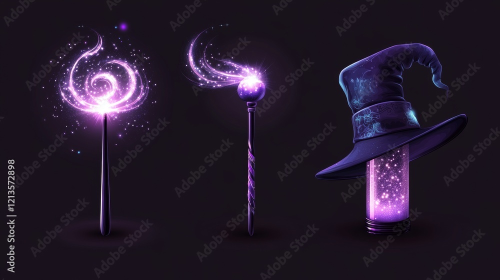Poster magic wand and magician hat with spell light and sparkles. illusionist black cylinder with mystery g