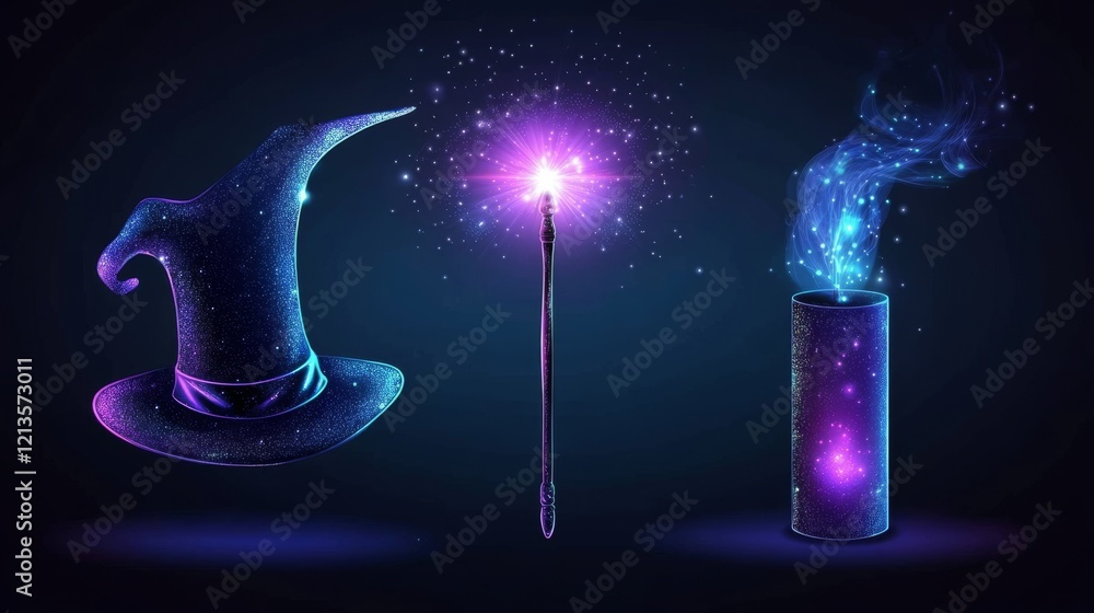Poster magic wand and magician hat with spell light and sparkles. illusionist black cylinder with mystery g