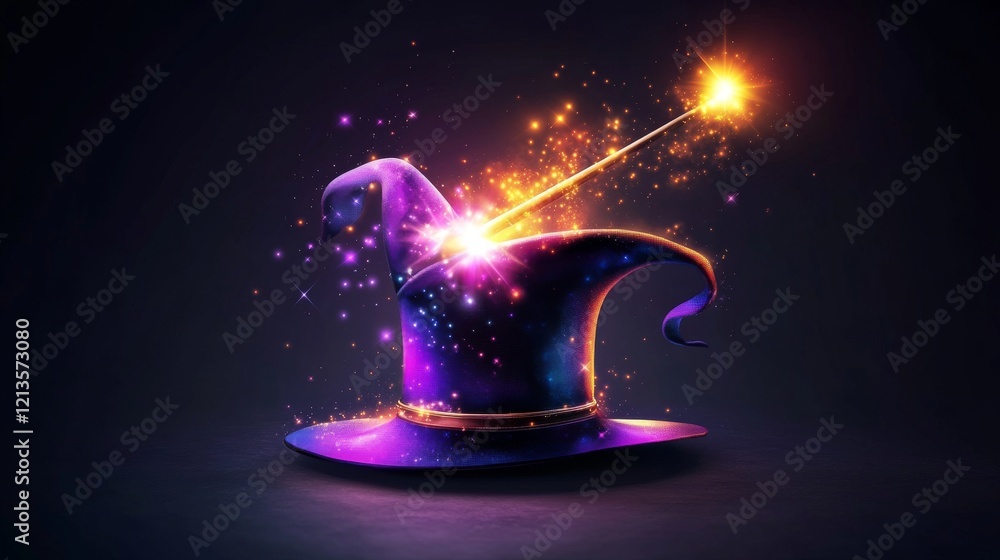 Poster magic wand and magician hat with spell light and sparkles. illusionist black cylinder with mystery g