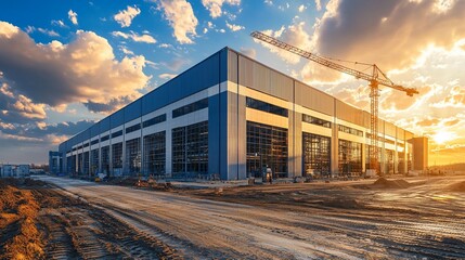 Modern warehouse under construction at sunset.