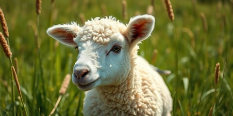 Obraz premium Close-up of a single lamb with curly wool in a sunny field with tall grasses, nature, , lambs