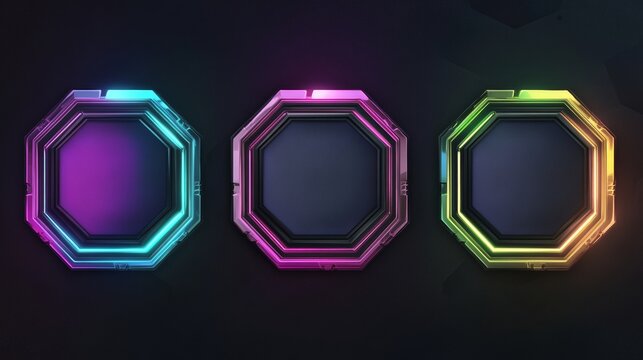 Sci fi neon game rank avatar metal hexagon frame vector set. Cartoon isolated futuristic iron level border badge on dark background. Steel user asset kit. Empty silver ranking template illustration.