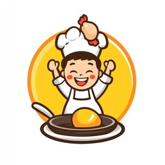 Naklejka premium Cartoon chef cooking egg, happy expression, simple design, food logo