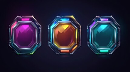 Sci fi neon game rank avatar metal hexagon frame vector set. Cartoon isolated futuristic iron level border badge on dark background. Steel user asset kit. Empty silver ranking template illustration.