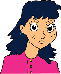 dark haired dissatisfied woman with earring with shoulder length hair and bangs in pink blouse looks indignantly
