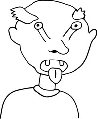 a funny strange man with a bald head and eyes rolled out of their sockets opened his mouth and stuck out his tongue