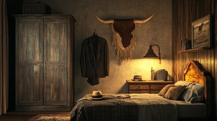 Cowboy bedroom interior at night. Vector cartoon illustration of empty room in rustic house or ranch with wooden bed, wardrobe, hat on nightstand, bull skin on wall and lamp light