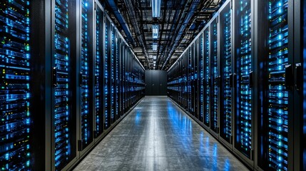 A futuristic server room background showing neatly arranged server racks with active lights and cooling units, emphasizing the efficiency and security of modern data centers.