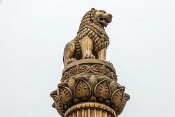 Close-up shot of a brass statue of the Ashoka Stambha with intricate details, metalwork, fine art, ashoka stambha, intricate design, statue