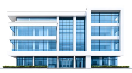 Obraz premium Modern Glass Office Building with White Facade and Blue Windows, Isolated on White Background