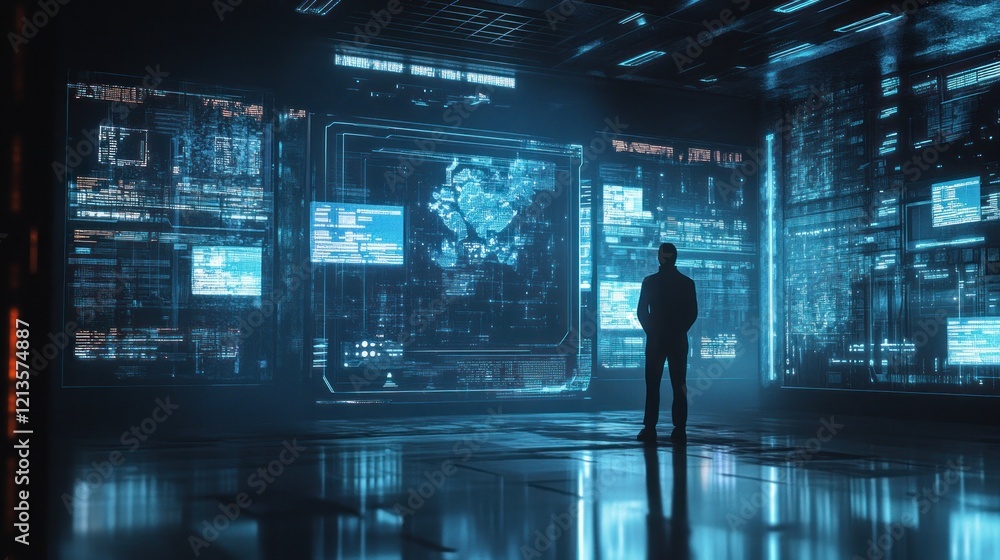 Aufkleber man analyzing data on futuristic screens in dark server room