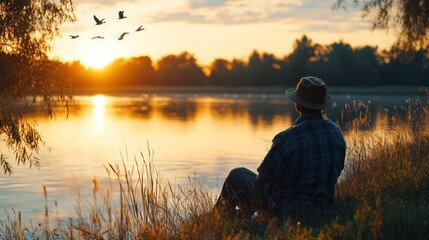 A fisherman enjoying a peaceful sunset by the lakeshore, with a gentle breeze rustling through the tall grass and distant geese flying south. 