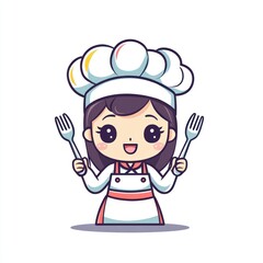 Cute cartoon chef girl holding forks, food illustration, possible use as a children's book image