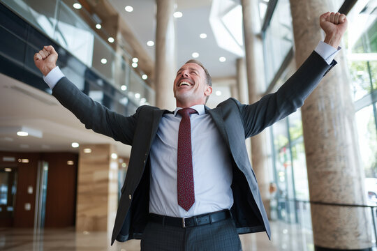 Excited Businessman Celebrating Success with Arms Raised in Modern Office Lobby