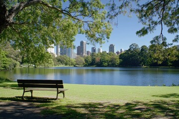 Obraz premium Park bench, lake view, city skyline, tranquil escape